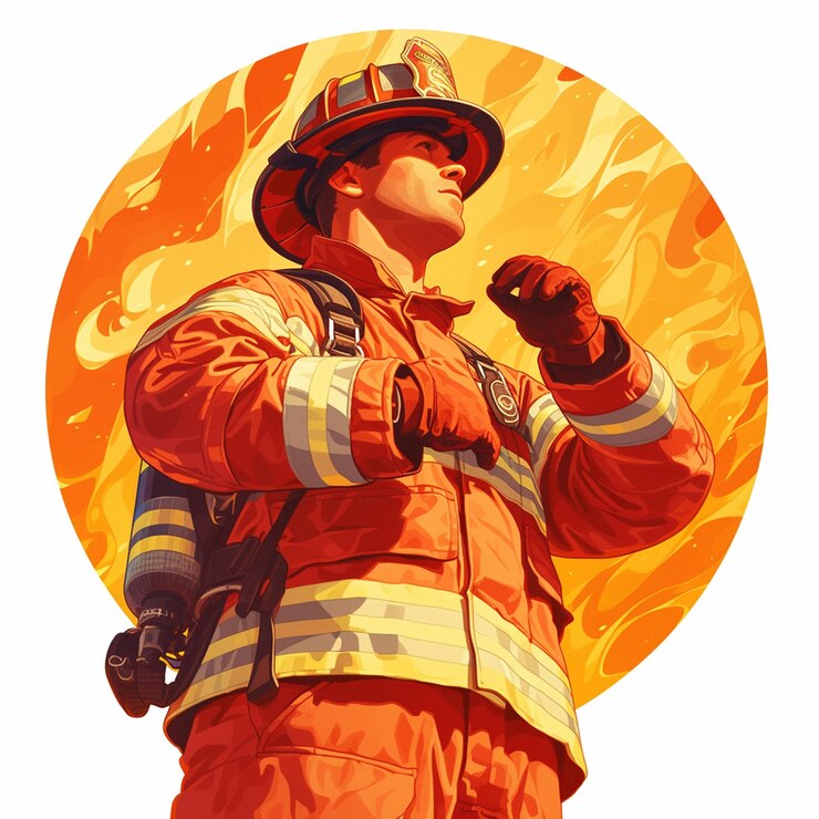 Vector hombre estadounidense con un uniforme de bombero en acción