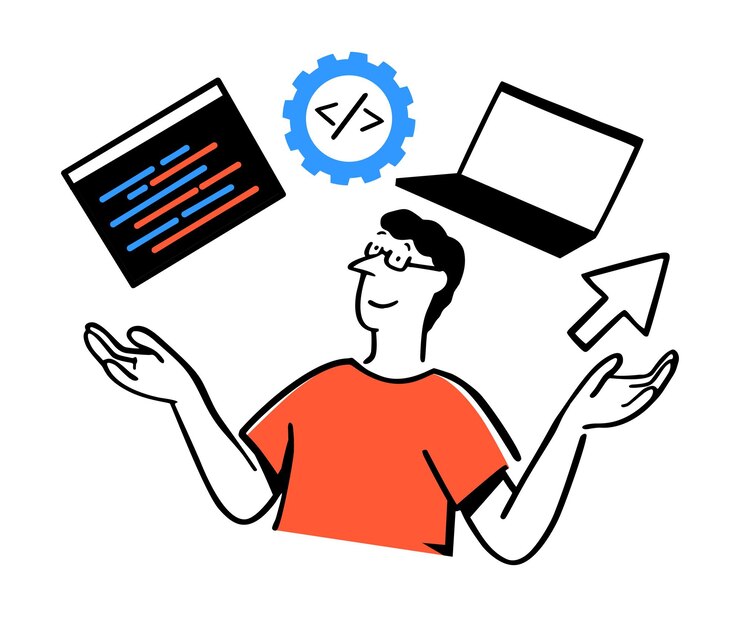 Vector un hombre de estilo plano construyendo interfaces de interfaz y aplicaciones rodeadas de iconos de engranajes etiquetas html