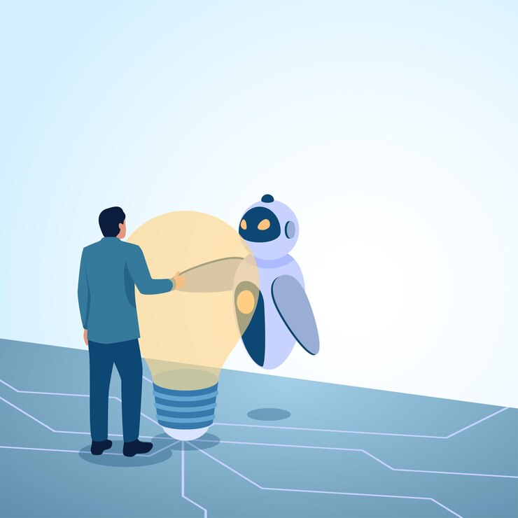 Vector un hombre estrechando la mano con un robot en una gran bombilla de ideas una ilustración metafórica para la integración de la unificación de la inteligencia artificial y el futuro digital