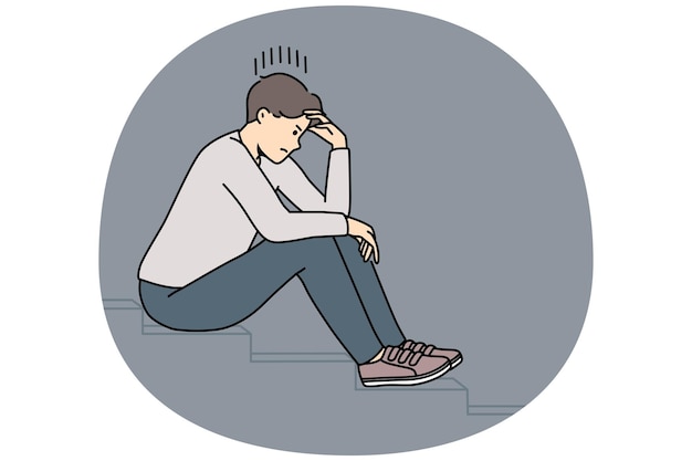 Hombre estresado sentado en las escaleras pensando o haciendo un plan Angustiado infeliz tipo perdido en pensamientos teniendo dilema o problema Ilustración vectorial