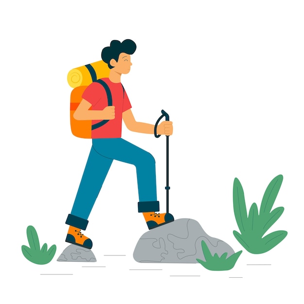 Vector un hombre va de excursión caminata y senderismo en la naturaleza ilustración vectorial