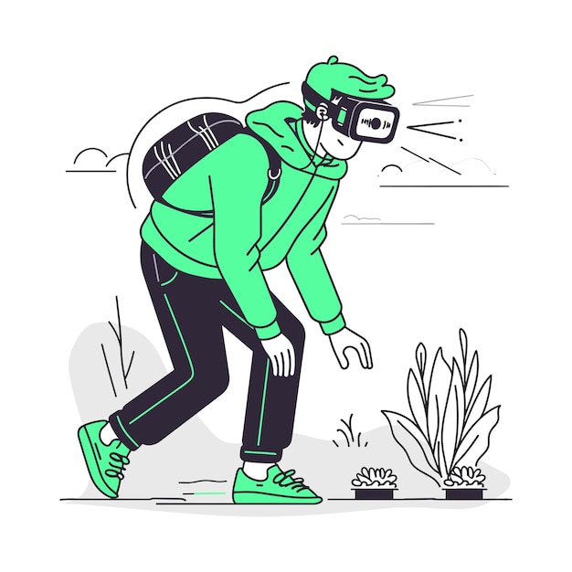 Un hombre explorando plantas con auriculares ar ilustración vectorial