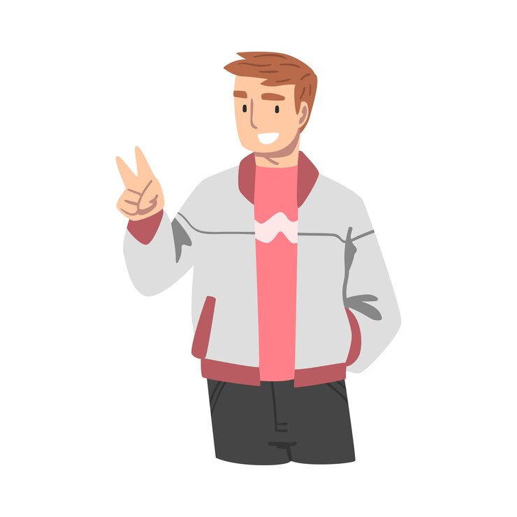 Vector hombre exultante mostrando el signo v con su mano como aprobación o acuerdo ilustración vectorial de gesto