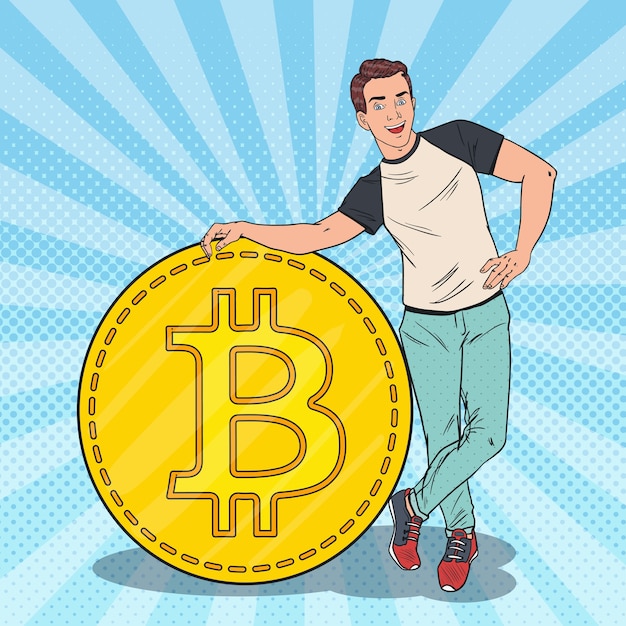 Hombre feliz del arte pop con Bitcoin grande