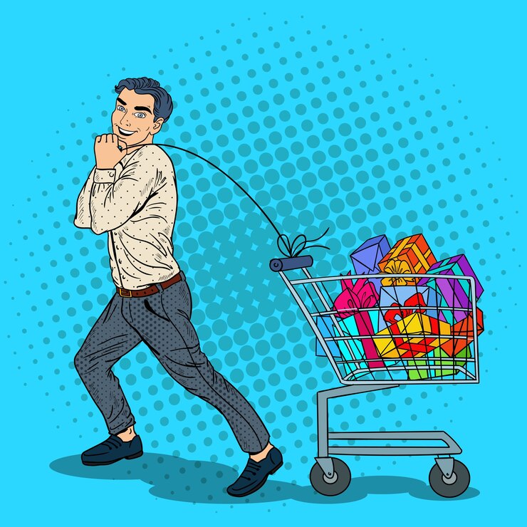 Vector hombre feliz de arte pop con carrito de compras lleno de regalos.