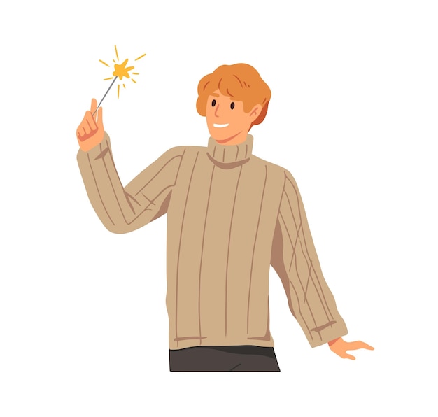 Hombre feliz con bengala festiva en la mano, celebra las vacaciones de invierno. Persona y palo de fuegos artificiales para la celebración de Navidad. El tipo sostiene la luz de bengala con chispas. Ilustración de vector plano aislado en blanco.