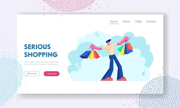 Hombre feliz con bolsas de la compra. El comprador se divierte haciendo compras. Venta de temporada, descuento, adicto a las compras con compras en paquetes de papel. Página de destino del sitio web, página web. Ilustración de Vector plano de dibujos animados