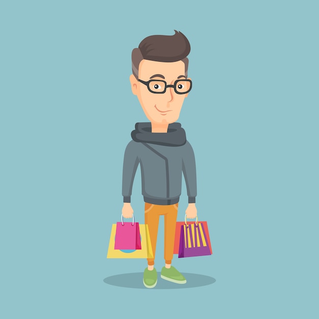 Vector hombre feliz con bolsas de compras ilustración vectorial.