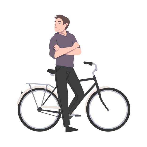 Hombre feliz con los brazos cruzados de pie cerca de la bicicleta disfrutando de vacaciones o actividad de fin de semana vector