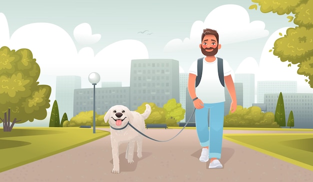 Un hombre feliz camina en el parque de la ciudad con su perro caminando con una mascota en la naturaleza amigo de cuatro patas al aire libre