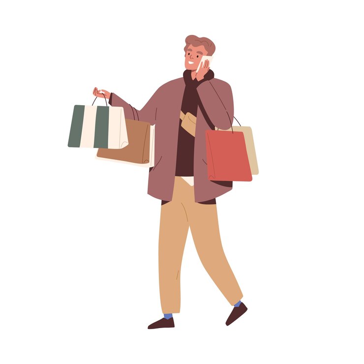 Vector hombre feliz caminando con regalos y bolsas de compras hablando en teléfono móvil al aire libre persona hablando en teléfono inteligente yendo sosteniendo regalos de vacaciones ilustración vectorial plana aislada sobre fondo blanco