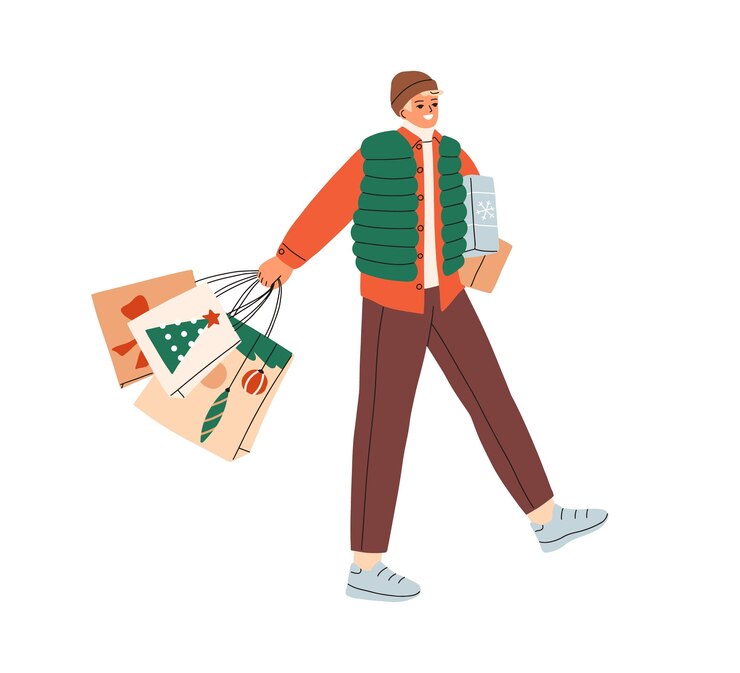 Vector hombre feliz caminando con regalos de navidad, bolsas de compras en la calle. persona que sale al aire libre en vísperas de navidad, preparándose para las vacaciones de invierno, vacaciones. ilustración de vector plano aislado sobre fondo blanco.