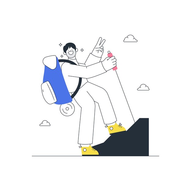 El hombre feliz caminando a través de la ilustración del contorno de la montaña