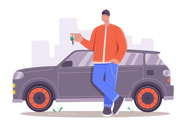 Hombre feliz comprando un coche nuevo conductor masculino con la llave en la mano propietario de pie cerca de un coche moderno