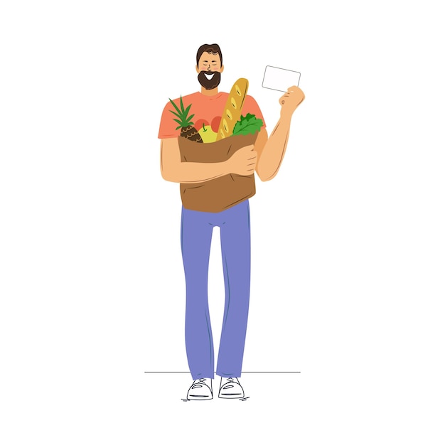 Un hombre feliz con compras y una tarjeta de descuento. ilustración vectorial.