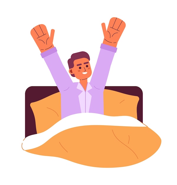 Hombre feliz despertando en la cama carácter vectorial colorido semi plano