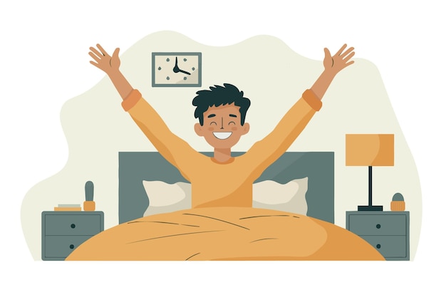 Un hombre feliz se despertó y se estiró en la cama Buenos días