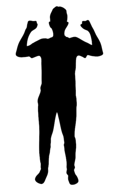 Vector hombre feliz dos puños en silueta de vector de aire aislado sobre fondo blanco relleno de color negro