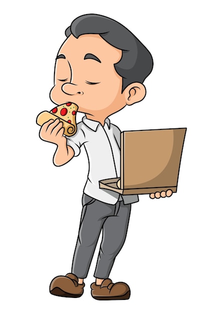 El hombre feliz está comiendo la deliciosa pizza de la ilustración.