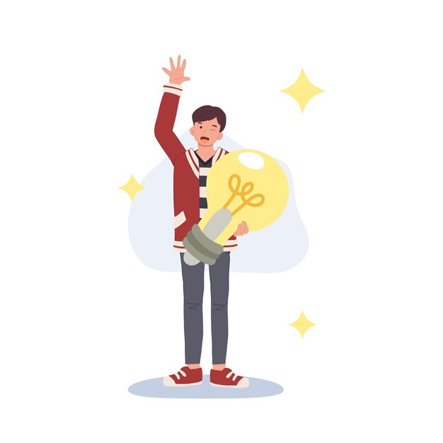 Hombre feliz con grandes bombillas en sus manos ilustración de personaje de dibujos animados de vector plano