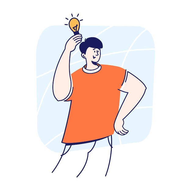 Hombre feliz con una idea que sostiene la ilustración de vector plano de concepto de solución de bombilla de luz