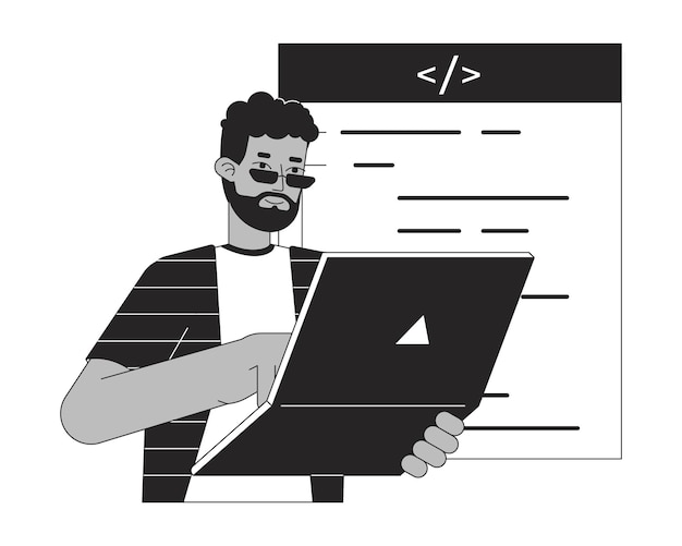 Hombre feliz con laptop bw concepto vector spot ilustración Programador codificación 2D dibujos animados línea plana personaje monocromático para diseño de interfaz de usuario web Imagen de héroe de contorno aislado editable independiente