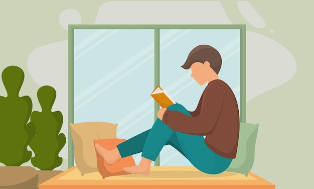 Hombre feliz leyendo un libro Estilo de vida Hygge Ilustración vectorial