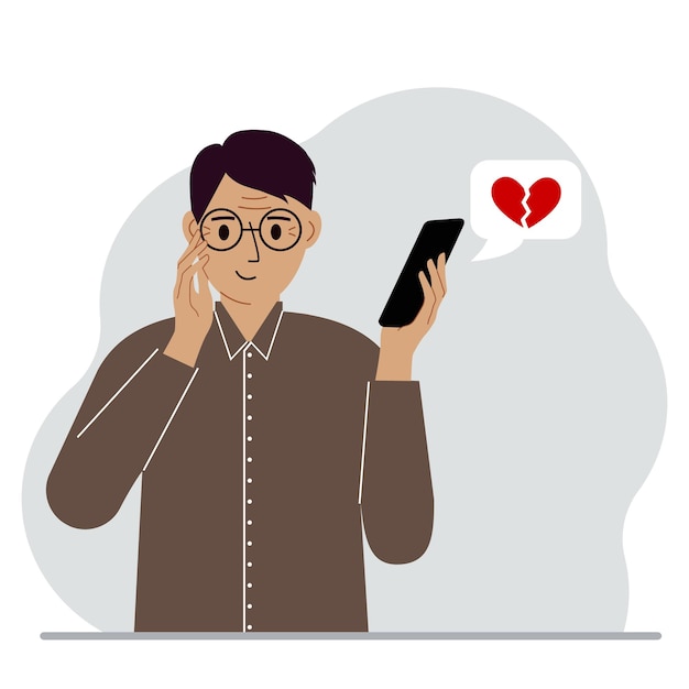 Vector hombre feliz leyendo un mensaje en su teléfono móvil mensaje con un corazón rojo roto vector ilustración plana