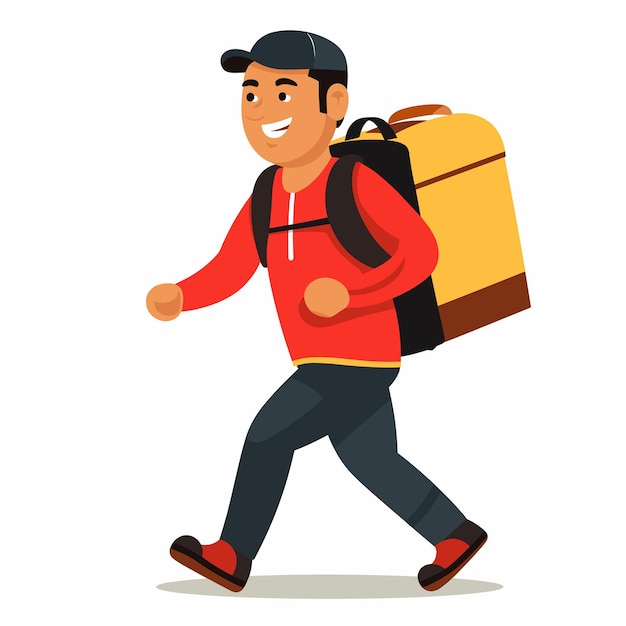 Hombre feliz mensajero caminando rápido entregando paquetes de comida joven servicio de mensajería de comida