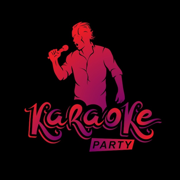 Hombre feliz con micrófono canta karaoke, folleto de invitación de vector de concierto de música en vivo. Redacción de fiestas de karaoke.