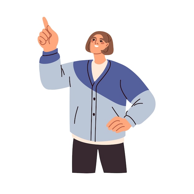 Hombre feliz mirando hacia arriba señalando indicando con el dedo Chico sonriente emocionado mostrando algo gesticulando con la mano mirando con interés Ilustración vectorial plana aislada sobre fondo blanco