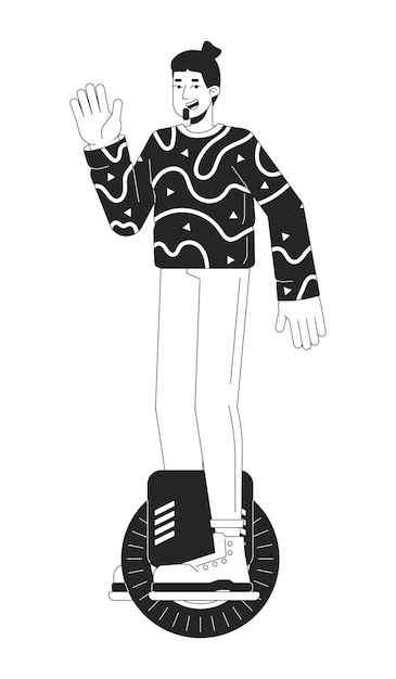 Hombre feliz montando un monociclo eléctrico scooter en blanco y negro 2D personaje de dibujos animados