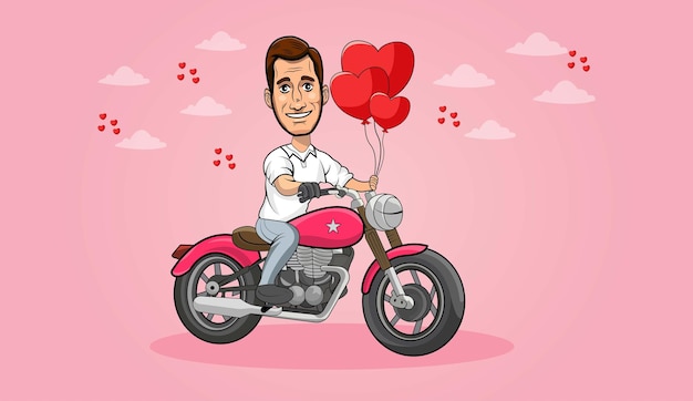 Vector hombre feliz montando en motocicleta con forma de corazón y globo