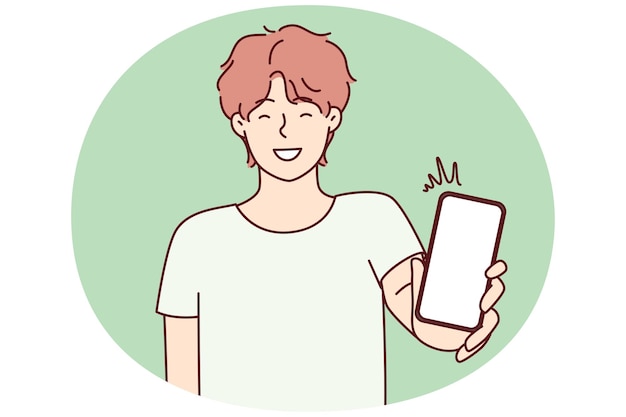 Hombre feliz mostrando la pantalla de su teléfono inteligente y sonriendo para recomendar aplicaciones frescas imagen vectorial