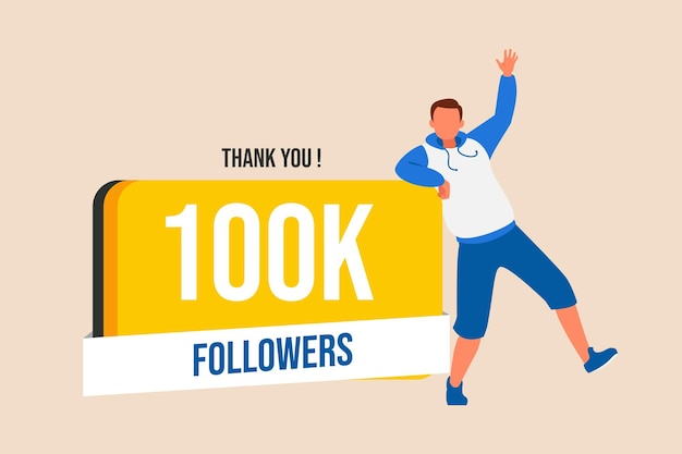 Hombre feliz obtiene 100k seguidores banner de felicitación concepto de redes sociales ilustración vectorial