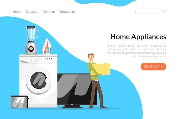 Hombre feliz Personaje Comprando en los grandes almacenes de aparatos domésticos Diseño de página de aterrizaje vectorial