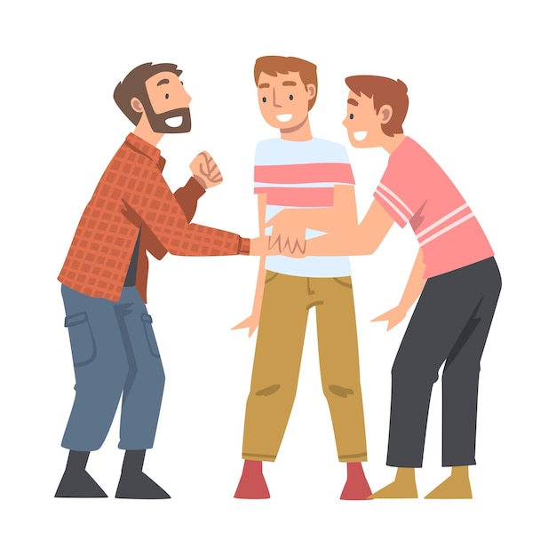Hombre feliz personaje con sus manos apiladas poniéndolas juntas mostrando unidad y solidaridad Ilustración vectorial