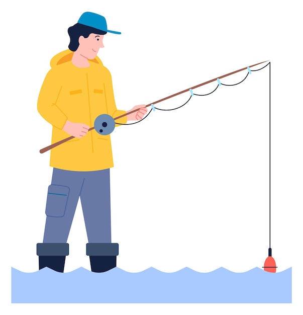 Hombre feliz pescando Pescador con ropa de protección de pie