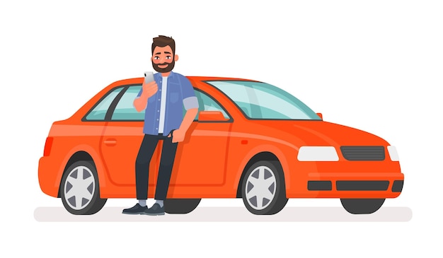 Vector hombre feliz está de pie junto al coche y mirando la pantalla de un teléfono inteligente