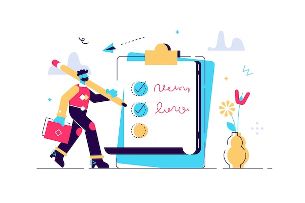 Hombre feliz de pie junto a la lista de verificación gigante y pluma de explotación. Concepto de finalización exitosa de tareas, planificación diaria efectiva y gestión del tiempo. Ilustración de vector de estilo de dibujos animados plana.