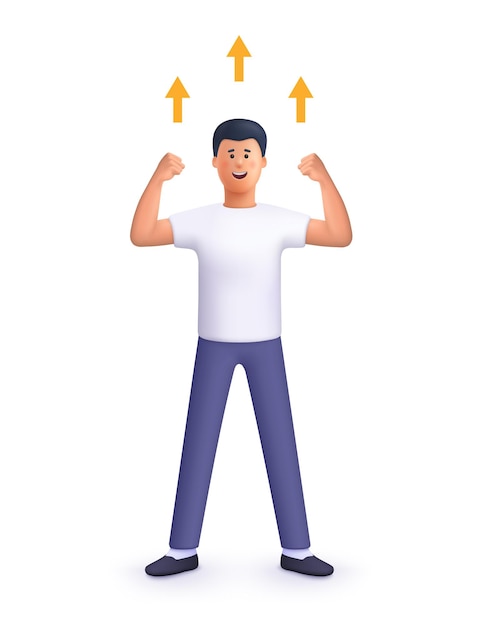 Hombre feliz y poderoso de pie con las manos levantadas y levantando la flecha Crecimiento empresarial liderazgo éxito y logro concepto 3d vector personas personaje ilustración Dibujos animados estilo mínimo