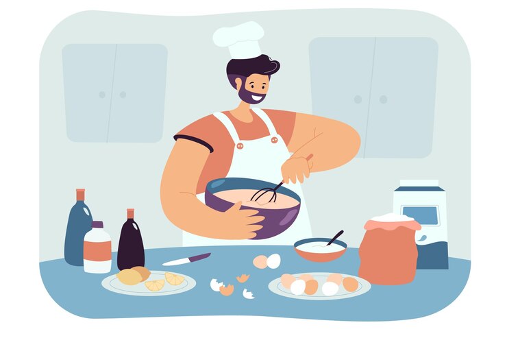 Vector hombre feliz preparando pasteles ilustración plana