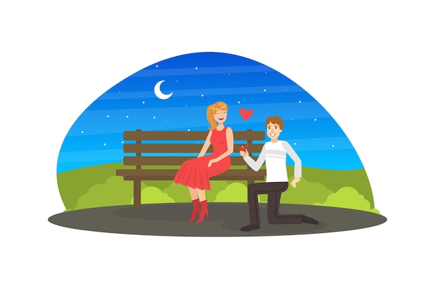 Hombre feliz proponiendo matrimonio a una mujer hermosa hombre sonriente arrodillado con anillo en el parque por la noche pareja enamorada en una cita romántica ilustración vectorial