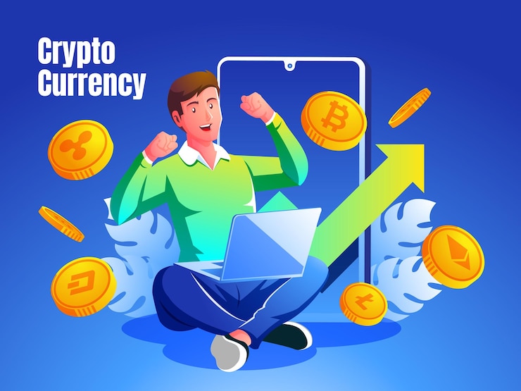 Vector hombre feliz que se beneficia de la inversión en el comercio de criptomonedas