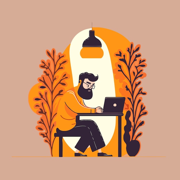 Hombre feliz que trabaja en la computadora portátil en el vector de trabajo remoto independiente de estilo hygge