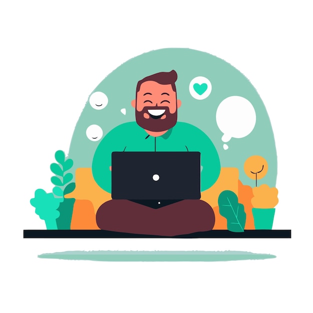 Hombre feliz que trabaja en la computadora portátil en el vector de trabajo remoto independiente de estilo hygge
