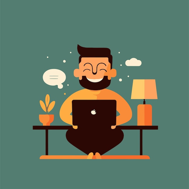 Hombre feliz que trabaja en la computadora portátil en el vector de trabajo remoto independiente de estilo hygge