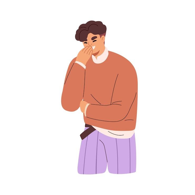 Vector hombre feliz riendo, riéndose de una broma graciosa. risa tímida y modesta, diversión de la persona que cubre la boca con la palma de la mano. expresión facial alegre y positiva. ilustración de vector plano aislado sobre fondo blanco.