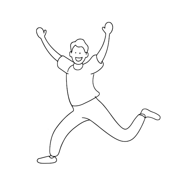 Hombre feliz saltando de alegría arte de línea continua ilustración vectorial plana aislada sobre fondo blanco