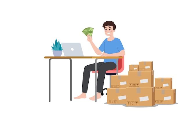 Un hombre feliz se sienta en su escritorio encantado con sus ganancias de las ventas en línea y hay una pila de varias cajas frente a él El concepto que muestra el comercio por Internet